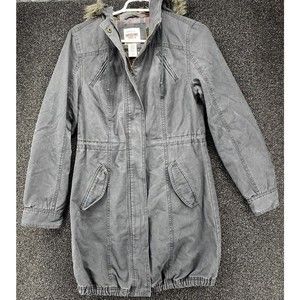Mossimo Womens Jacket Size Medium Grey Warm Hooded Coat Faux Fur Hood